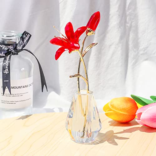 YWHL Crystal Lily Flower Figurine with Vase, Handmade Red Lily Flower Gifts for Woman, Wedding Gifts for Couple, Home Party Decorations - color: Red