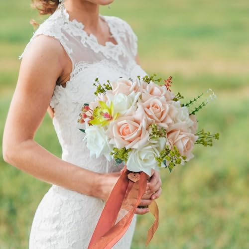JINWOE 10pcs Cream Real Touch Roses Flowers, Lifelike Full Bridal Bouquet Artificial Flowers for Flower Arrangement Home Party Spring Wedding Decoration - color: Cream