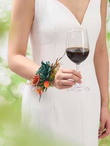 Serwalin 2 Pcs Wrist Corsage and Boutonniere Set, 6-7 Inch Teal Orange Corsage for Wedding, Boutonniere for Men Corsage Wristlet Prom Ceremony Anniversary Accessories Suit - color: Teal Orange, size: 1 Boutonniere & 1 Wrist Corsage-2pcs
