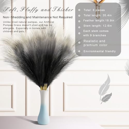 8Pcs 3FT Colorful Faux Pampas Grass for Boho Decor, KALYLOC Non-Shedding Fluffy Artificial Bulrush, Tall Reed Fluffy Stems Vase Filler Living Room Wedding Decoration - color: Black
