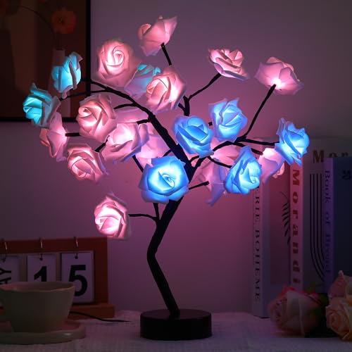 Drawelry Rose Flower Tree Lamp - LED Rose Tree Table Lamp USB/Battery Powered Artificial Bonsai Flower Night Light for Bedroom Living Room Party Wedding Valentines Mothers Day Decor (White) - color: White
