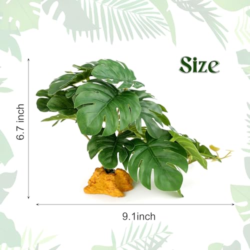 Reptile Plants for Terrarium, Ball Python Tank Accessories, Amphibian Habitat Decor Plant Bearded Dragon Tank Decorations for Gecko Lizard Chameleon Tortoise with Base - Fake Monstera - color: B-fake Monstera