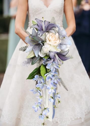 Bridal Bouquet,12 Inch Cascading Wedding Bouquets Bride Bouquets for Wedding Ceremony and Anniversary(Blue) - color: Blue