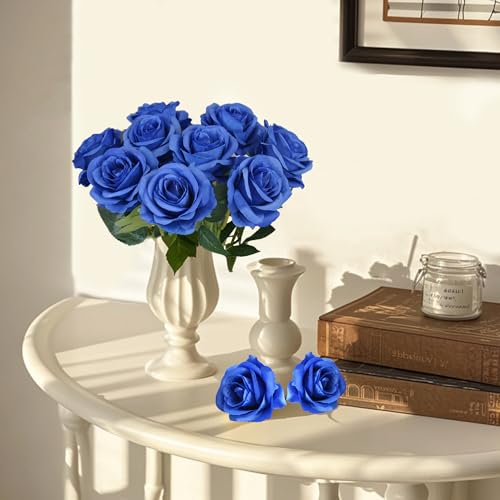 10 Pcs Blue Rose Artificial Flower, Faux Silk Flowers With Long Stems, Fake Roses Bulk Bouquet for Decoration Valentine's Day Centerpieces Proposal Bridal Bouquets Shower Party Home Floral Decor - color: Blue