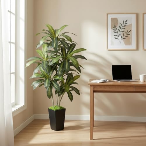 6ft Artificial Dracaena Tree | Realistic Faux Dragon Tree, Silk Tree with Pot, Indoor Home Office Decor For Corner, Modern Floor Plant - color: Black