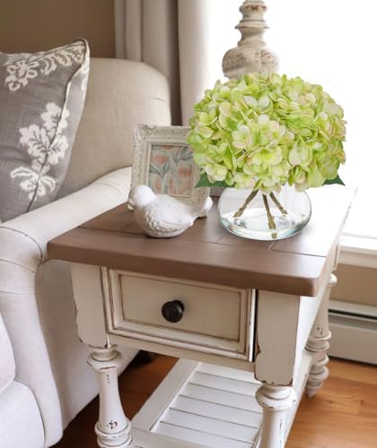 Hollyone Green Hydrangea Artificial Flowers with Glass Vase Silk Faux Flowers Arrangements in Vase with Faux Water Fake Floral Bulk Bouquet for Home Decor Table Centerpiece Decorations - color: Hydrangea, Green