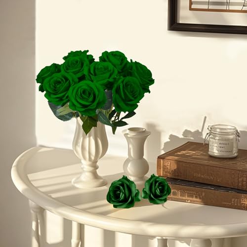 Eternal Blossom 10pcs Rose Artificial Flower,Artificial Rose Silk Flower 50cm Fake Flowers Rose Blossom Bridal Bouquet for Home Wedding Decor (Dark Green) - color: Dark Green