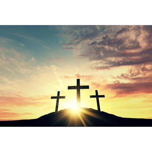 Jesus Christ Cross Backdrop Three Crosses On Mountain Sunrise Sunset Photography Background Sepulcher Lord Pray Christmas Easter Crucifixion Religious Belief Church Event Easter Backdrop 5x3ft - color: Sunset Orange, size: 5x3ft