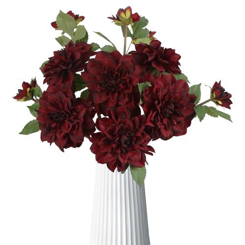 6pcs Fake Dahlia Artificial Flowers Burgundy Large Faux Dahlia Silk Flowers with Long Stem for Wedding Baby Shower Party Floral Arrangements Home Tables Decoration（Burgundy - color: Burgundy