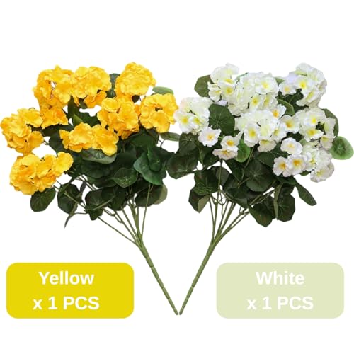 Muhanjia 26’’ Artificial Geranium Flowers for Outdoor Decoration,2PCS Silk Geranium Flowers UV Resistant Floor Plants for Garden Porch Patio Table Centerpieces Home Decor (White&Yellow) - color: White&yellow