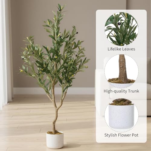 Faux Olive Tree 4FT, Olive Plant Trees Artificial Indoor with Wood Trunk and Realistic Leaves and Fruits, 48in Fake Floor Plants Olive Tree for Home House Office Décor