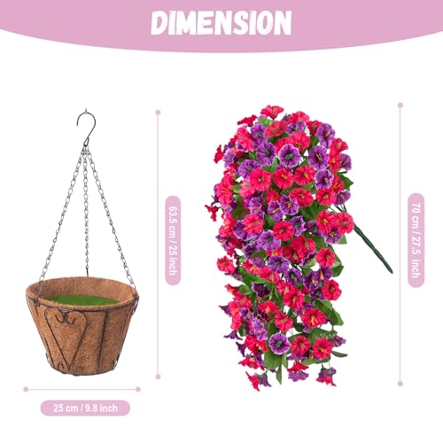INXUGAO Artificial Flowers with Hanging Basket, Outdoor Faux Plants Silk Morning Glory Vines, Fake Green Arrangement for Garden Patio Spring Summer Decor(4pcs,Hot Pink Purple) - color: Hot Pink Purple