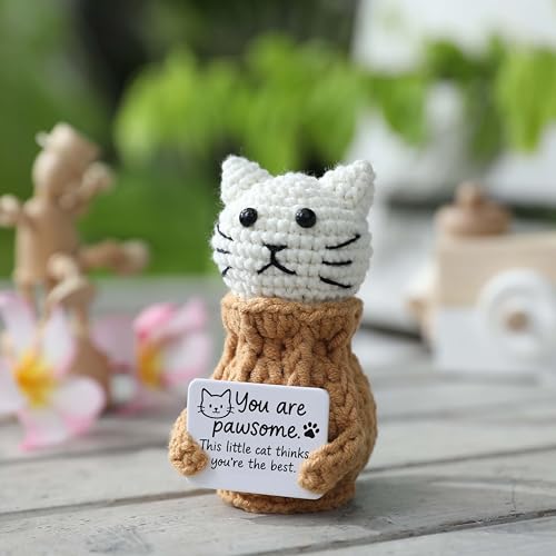 YOOJEE Positive Crochet Animals Cat – “You are Pawsome” Valentines Day Gifts for Him Her Boyfriend Girlfriend Women Teens, Emotional Support & Cheer Up Present, Teacher Appreciation, Birthday Gift - color: Cat-white-awesome