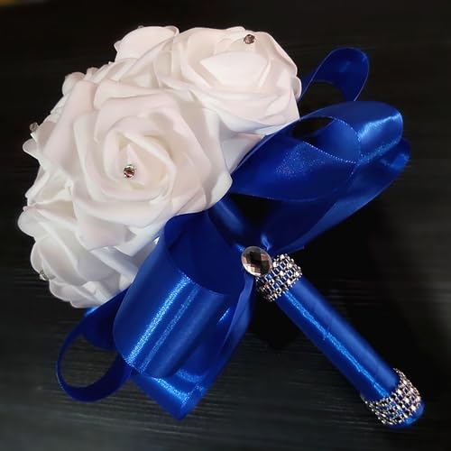 Wedding Bouquets for Bride, Bridal Flowers for Wedding, Bride Bridesmaid Hand Flowers Bridal Bouquet Crystal Diamond Silk Roses, Artificial Flowers Bouquet for Church Wedding Party (Blue) - color: Blue