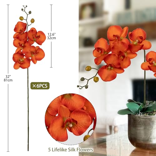 DILATATA 6PCS 32" Artificial Orchid Stems Orange Butterfly Orchid Faux Phalaenopsis Flowers for Home Wedding Centerpieces Office Table Decorations Real Touch Silk Orchids for DIY Floral Arrangements - color: Orange