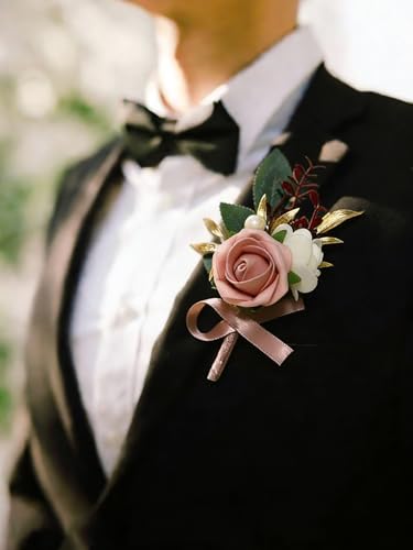 6PCS Pink Boutonniere for Men,Dusty Rose Boutonniere Pins for Men Groomsmen Guest, Artificial Flowers for Wedding Decor Prom Homecoming - color: Dusty Rose