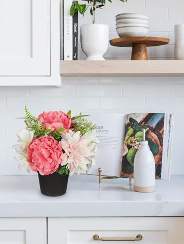 GnFlus Hot Pink Artificial Flowers Small Fake Flowers in Vase Peonies Dahlia Tiger Lily Potted Silk Flower Arrangements Faux Plants & Flowers Home Bathroom Kitchen Table Centerpieces Desk Decor - color: Hot Pink