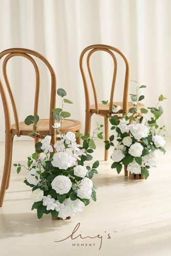 Ling's moment Freestanding Artificial Flowers Arrangements 4 pcs Wedding Aisle Runner Chair Decorations White Sage Centerpieces for Ceremony Reception Rose Floral Party Outdoor Decor - color: Wht-white & Sage