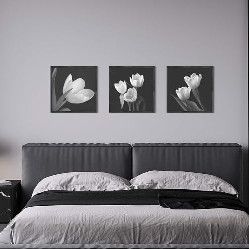 Hardy Gallery Floral Wall Decor Artwork - Black and White Tulip Canvas Set for Living Room Bedroom 16"x16"x3panels - color: Black and white picture, size: 16'' x 16'' x 3 Panels