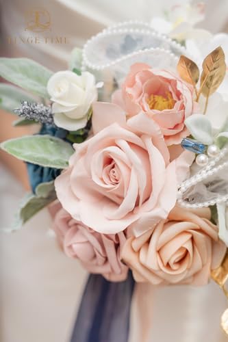 TINGE TIME 9 Inch Artificial Bridal Bouquet, Cascading Wedding Bouquet for Wedding Ceremony and Anniversary (Dusty Rose & Navy Blue) - color: Dusty Rose & Navy Blue