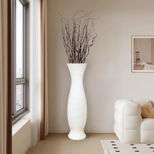 Tall White Floor Vase 30 inches, Handmade Modern Large Ceramic Vases for Home Decor Living Room, Horizontal Stripes Decorative Vases Wide Mouth Opening Corner Vase for Pampas Grass, Hallway - color: White Stripe Pattern