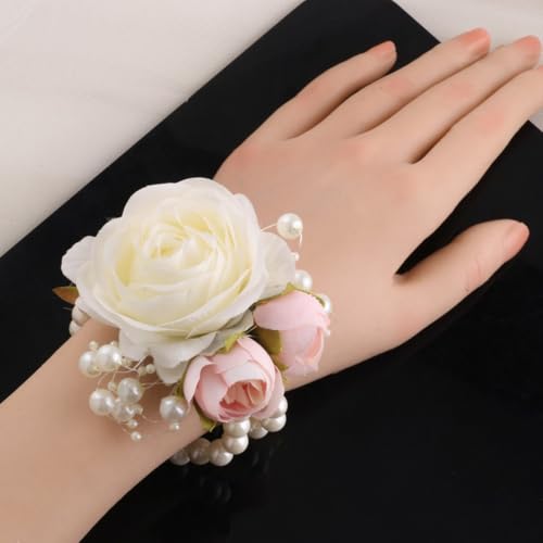 Wrist Corsages Set of 12 for Wedding Bridal Bride Bridesmaid Artificial Hand Flower Corsage Wristlet Band Homecoming Graduation Prom Party Ivory and Pink - color: Ivory & Pink Corsages ( 12pcs )