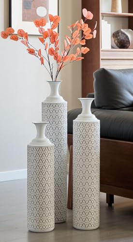 Tall Floor Vases Set of 3 for Decor Living Room Floor, White Vases Home Decor, Embossed Body Pattern, 33.85" H/29.13" H/24.8" H Geometric Cylinder (White 6) - color: White 6