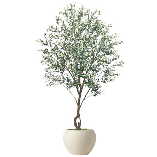 Caxchiling Large Artificial Olive Tree 7FT, Fake Tree for Indoor Outdoor, Lifelike Tall Floor Plants with Heavy Trunk and Ball-Shaped Pot, Home Office Decor for Living Room Bedroom Doorway Hallway - color: Olive, size: 7ft