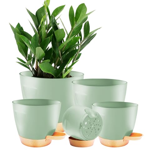 Self Watering Plant Pots with Drainage & Saucers, 5-Pack 7/6.5/6/5.5/5 in - Plastic Flower Pots for Indoor Plants, Succulents & Herbs, Planters for Indoor Outdoor & Balcony (Green) - color: Green