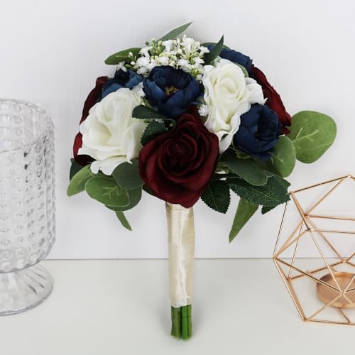 Set of 2 Bridesmaid Bouquets, 11 Inch Wedding Artificial Flower Bouquets for Wedding Ceremony Bridal Shower Decorations - Burgundy & Navy Blue - color: Burgundy & Navy Blue, size: Set of 2 Bouquets
