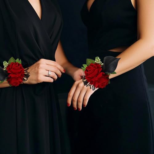 Red Rose Wrist Corsage Wristlet Band Bracelet and Men Boutonniere Set with Black Calla Lily for Wedding Flower Accessories Prom Suit Decorations