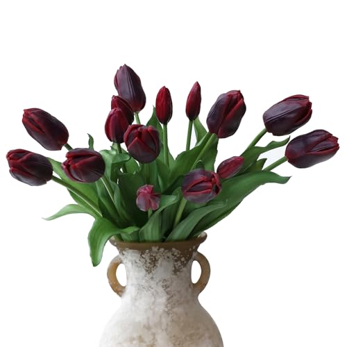 mizii 15Pcs Burgundy Tulips Artificial Flowers Latex Plastic Real Touch Fake Tulips Flowers Look Real Faux Tulip Flower Bouquet Decoration for Vase Room Table Centerpieces Home Decor (Burgundy) - color: Burgundy