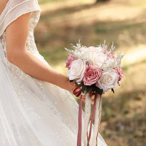 LEIFENY Wedding Bouquets for Bride, Champagne White & Pink Bridal Bridesmaid Wedding Flowers, Artificial Toss Rose for Civil Ceremony (Jute Rope Handle) - color: Champagne White & Pink