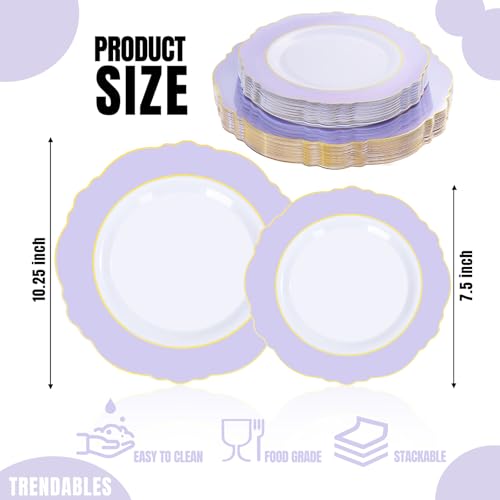WDF 60pcs Purple Plates Disposable with Gold Rim - Baroque Light Purple Plastic Plates - Lavender Plates for Spring/Wedding/Birthday - color: Purple and White, size: 60PCS