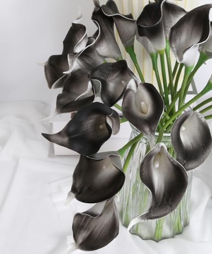 IPOPU Grey Black Calla Lily Artificial Flowers for Decorations 24PCS Grey Black Fake Flowers Calla Lily Bouquet for Wedding Centerpieces Flower DIY Floral Decor Home Decoration (Grey Black) - color: Grey Black
