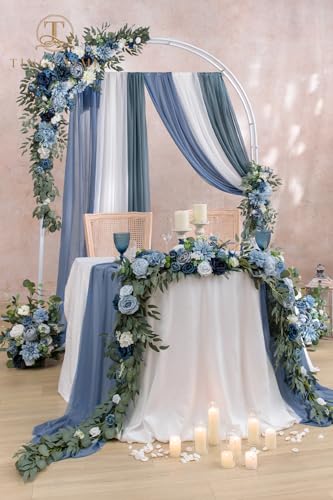 TINGE TIME Wedding Arch Flowers Kit - Deluxe 5pcs Artificial Floral Swag with 3 Sheer Drapes, Realistic Silk Flower Arrangements for Wedding Ceremony Arbor Backdrop Reception Party Home Decor - color: Dusty Blue