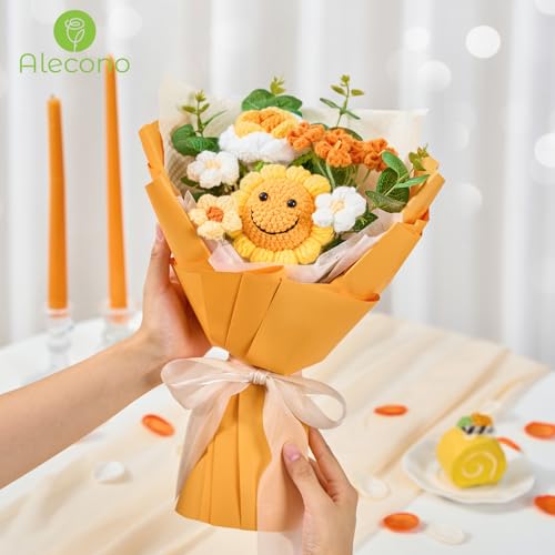 Alecono Crochet Flower Bouquet, Orange Smile Sunflower Knitted Flowers, Handmade Bouquet of Flowers for Mother's Day Graduation Anniversary Birthday Party Valentine's Day Gifts (Include Card) - color: Orange