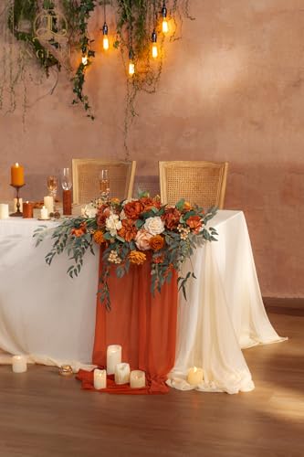 TINGE TIME Artificial Sweetheart Flower Swag with Tablecloth and Table Runner, Pack of 3 Floral Arrangement for Autumn Wedding Sweetheart Table Centerpiece Fall Decoration (Terracotta) - color: Terracotta