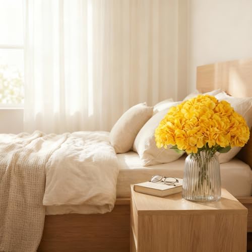 2Bouquets Artificial Fake Flowers Silk Hydrangea Arrangements Wedding Bouquets Decorations Plastic Floral Home Kitchen Garden Party Festival Bar DIY(Yellow,5 Flower Heads) - color: Yellow，5 Flower Heads