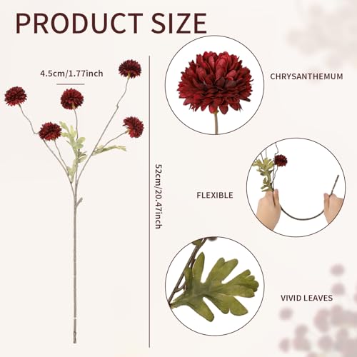 DuHouse 6pcs Artificial Flowers Faux Silk Pompon Mum,Silk Small Mini Chrysanthemum Ball with Stems for DIY Wedding Bouquets Centerpieces Vase Home Table Kitchen Decorations(Burgundy) - color: Burgundy, size: 6pcs