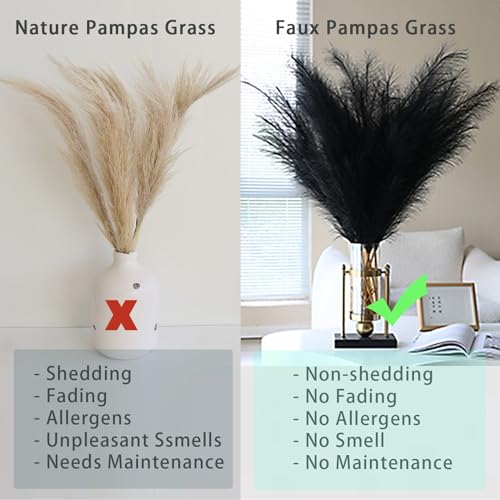 10 Stems Black Pampas Grass Decor - 17.7" Faux Pampas Grass Artificial Pampas Grass Bouquet Flower Arrangement and Vase Filler for Boho Home Wedding Mothers Day Decoration - color: Black