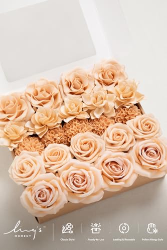 Ling's moment Artificial Flowers Fake Silk Roses Faux Dahlia Foam Gardenia Combo for DIY Wedding Bouquets Centerpieces Arrangements Bridal Shower Party Home Decorations, Apricot & Peach, 24pcs - color: Or-apricot