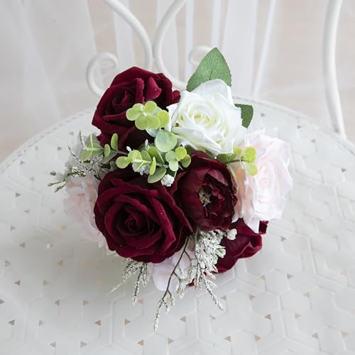 Wedding Bouquets for Bride Bridesmaid, Artificial Burgundy Blush Bride Flower Bouquet for Wedding Church Decoration Ceremony, Anniversary, etc, Roses Flowers - color: Burgundy & Blush