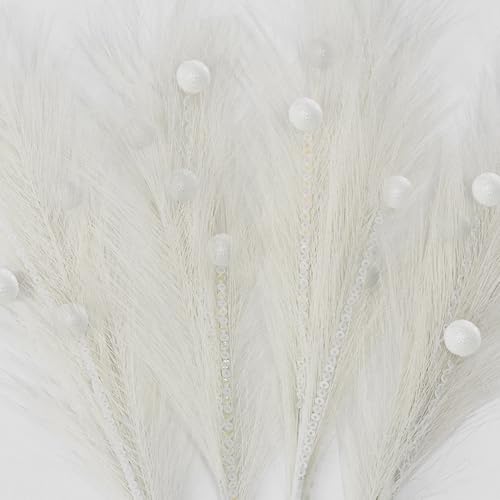 Christmas Tree Picks Decorations Set of 4 Sequins Ball Sprays 17" Artificial Furry Reed Grass Stems Fluffy Pampas Branches Feather Tails for Vase Fillers Flower Arrangements Tree Topper (White) - color: White