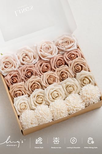 Ling's moment Artificial Flowers Fake Silk Roses Faux Foam Dahlia Combo for DIY Wedding Bouquets Centerpieces Arrangements Bridal Shower Party Home Decorations, Morandi Peach & Cream, 24pcs - color: Pk-morandi Peach & Cream