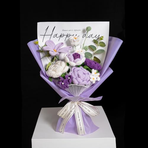 Completed Purple Crochet Flowers Bouquet, Handmade Knitted Bouquet, Crochet Artificial Flowers for Mother's Day Birthday, Wedding Home Decor, Gifts for Mom (Purple Tulip) - style: Purple Tulip & Rose