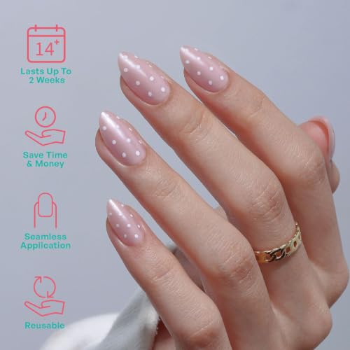 32Pcs Soft Gel Press on Nails for Women, Pink Polka, Short Almond | Cute Coquette Polka False Fake Nails Press Ons for Girly Valentine Date, Salon Quality Reusable Glue & Stick on Nail Gift Kit - color: 3F-Pink Polka