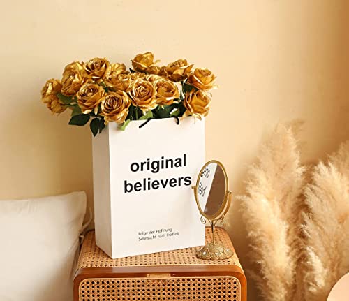 12 PCS Artificial Flowers Gold Roses Fake Silk Flower Long Stem Artificial Roses for Home Wendding Bathroom Party Decorations (Gold) - color: Gold