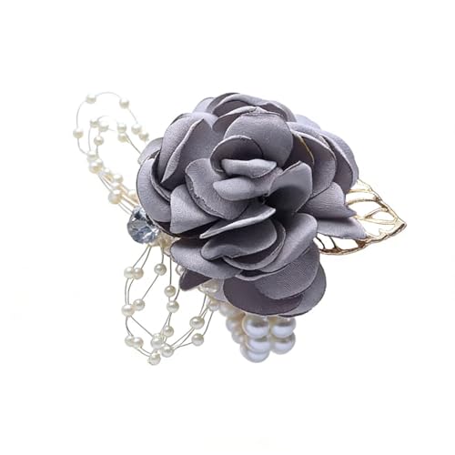 Bridesmaid Wrist Corsage Bridal Silk Wrist Flower with Faux Pearl Bead Stretch Bracelet Wristband Gold Leaf for Wedding Prom Hand Flowers Decor - color: Light Gray, size: Pack of 1
