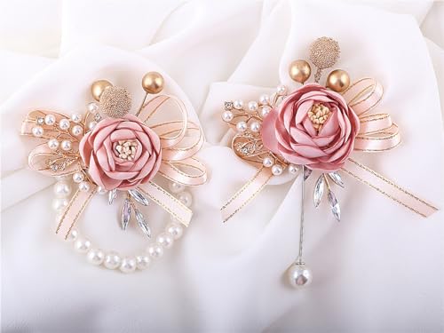 Handmade Satin Rose Water Drop Bridal Bouquet,8.7inch Crystal Wedding Round Tossing Bouquet,Jewelry Proposal Bridesmaid Bouquet Groom Corsage Bride Wrist Flower Ivory (Set) - color: Set